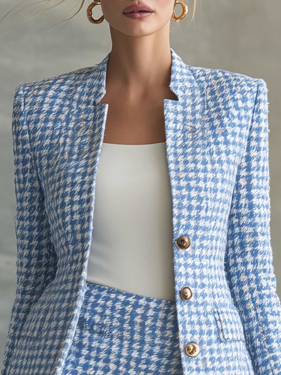 Retro-chic Blue And White Houndstooth Skirt Set