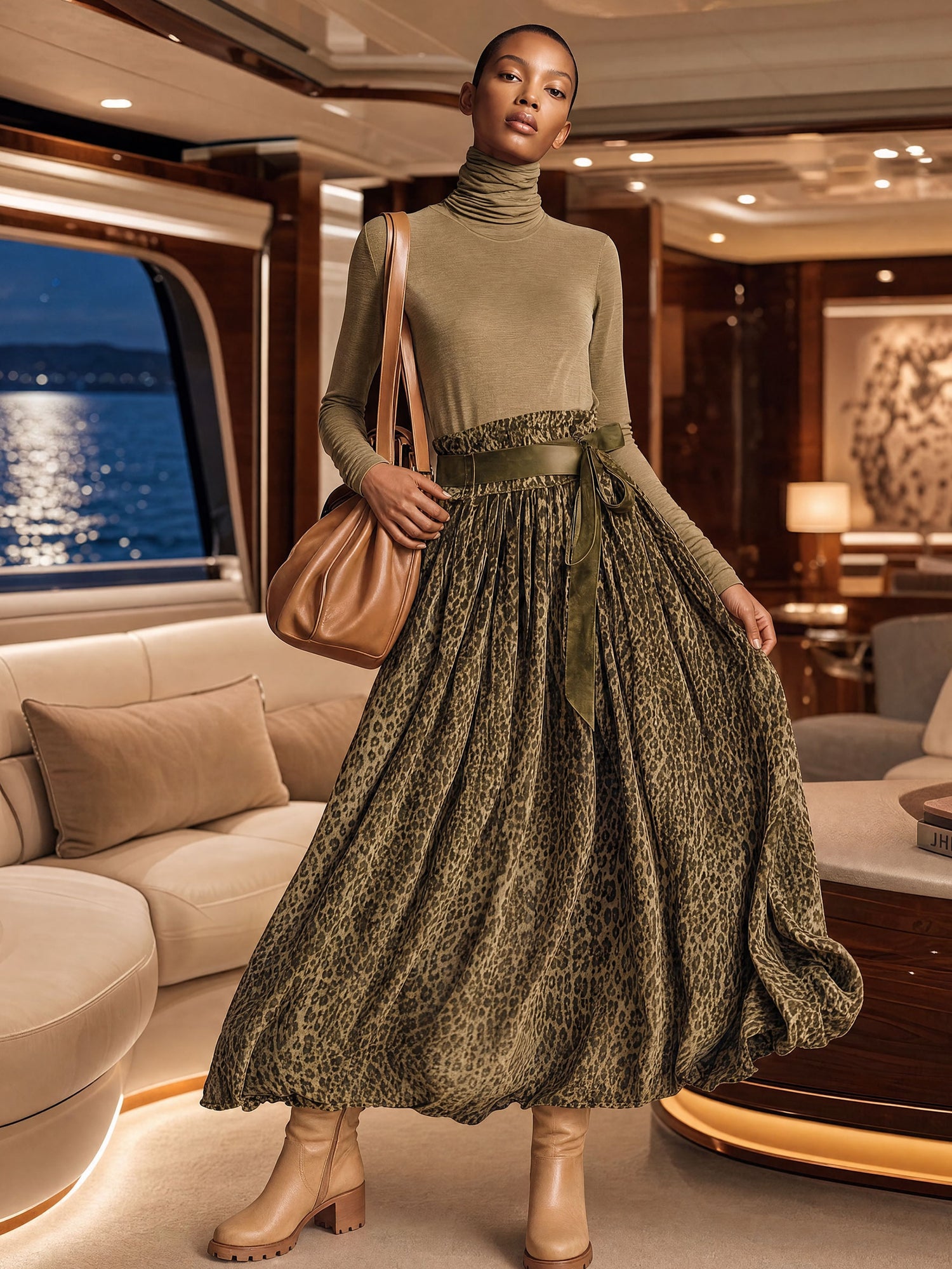 Fashionable Retro Khaki Turtleneck T-shirt And Olive Green Leopard Print Velvet Skirt Set