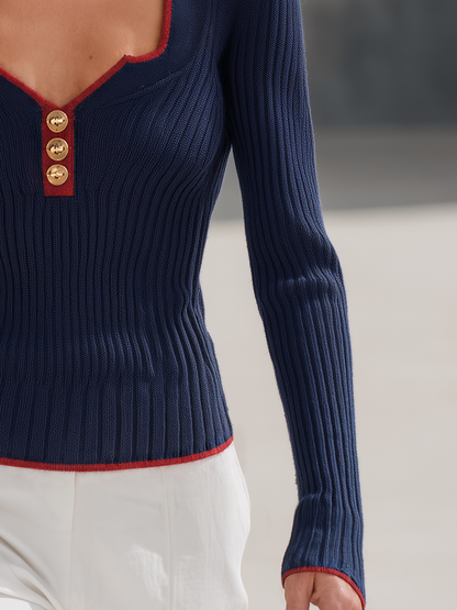 Retro-chic Color-blocked Vertical-ribbed Knit Top