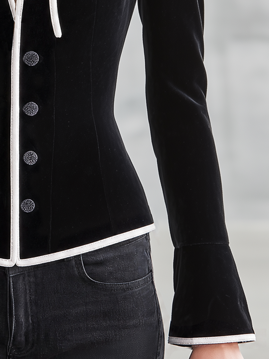 Black Velvet And White Lace-up Top With A Retro Casual And Elegant Style
