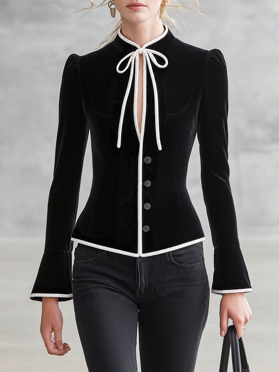 Black Velvet And White Lace-up Top With A Retro Casual And Elegant Style