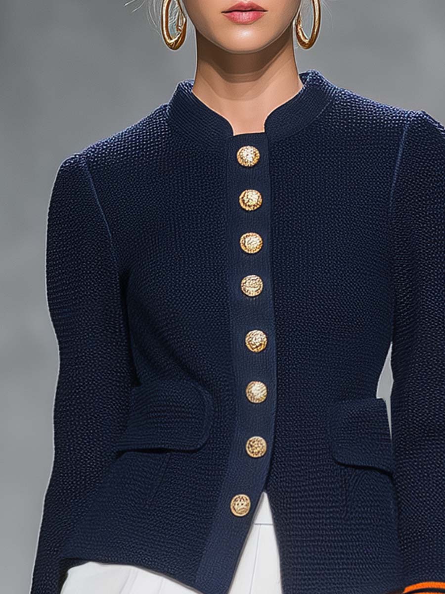 Navy Knit Stand-Collar Gold-Button Fitted Military Sweater Blazer Jacket Women