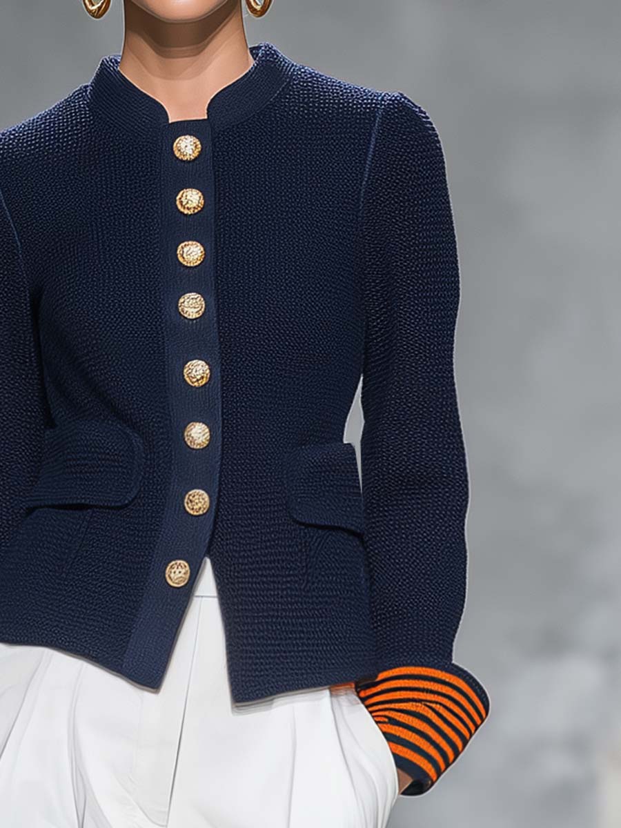 Navy Knit Stand-Collar Gold-Button Fitted Military Sweater Blazer Jacket Women