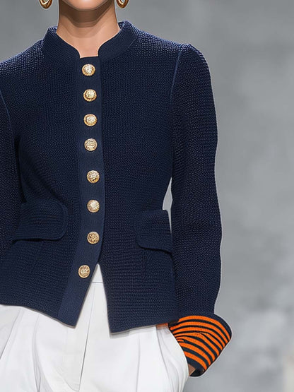 Navy Knit Stand-Collar Gold-Button Fitted Military Sweater Blazer Jacket Women