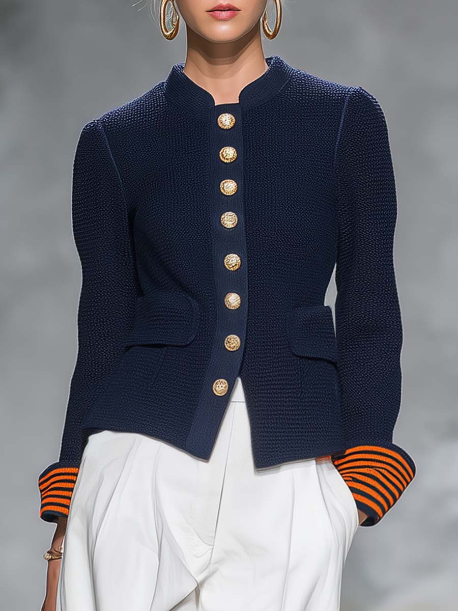 Navy Knit Stand-Collar Gold-Button Fitted Military Sweater Blazer Jacket Women