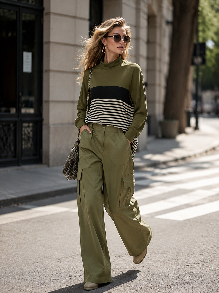 Stylish Casual Olive Green Striped Sweatshirt And Wide-Leg Cargo Pants Set