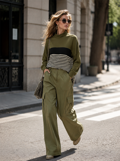 Stylish Casual Olive Green Striped Sweatshirt And Wide-Leg Cargo Pants Set