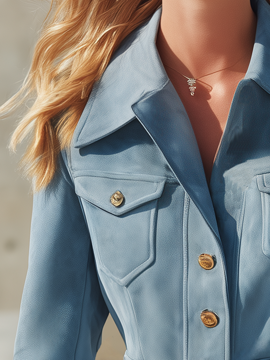 Blue Faux-suede Top With A Retro Casual And Elegant Style
