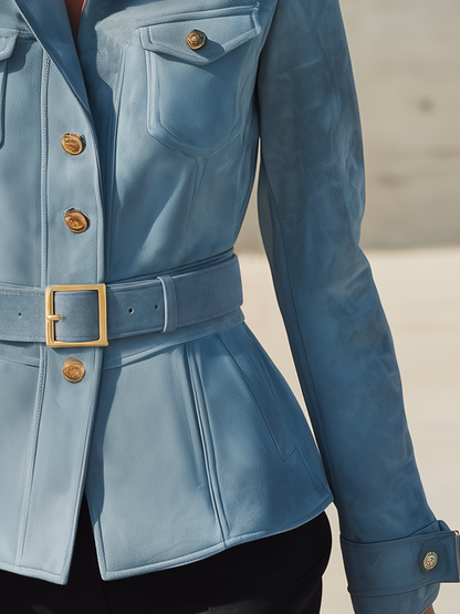 Blue Faux-suede Top With A Retro Casual And Elegant Style