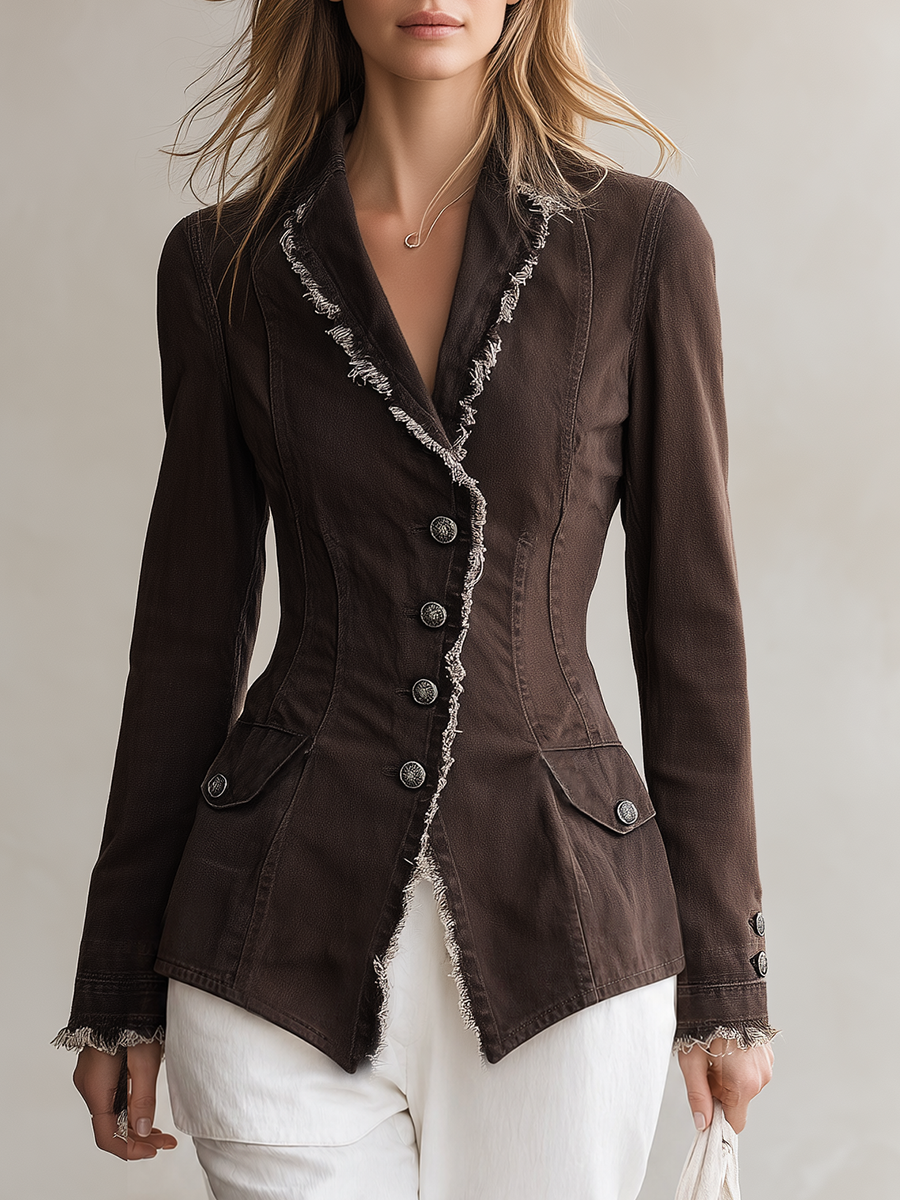 Denim Blazer Frayed Trim Fitted Single Breasted Peaked Lapel Jacket