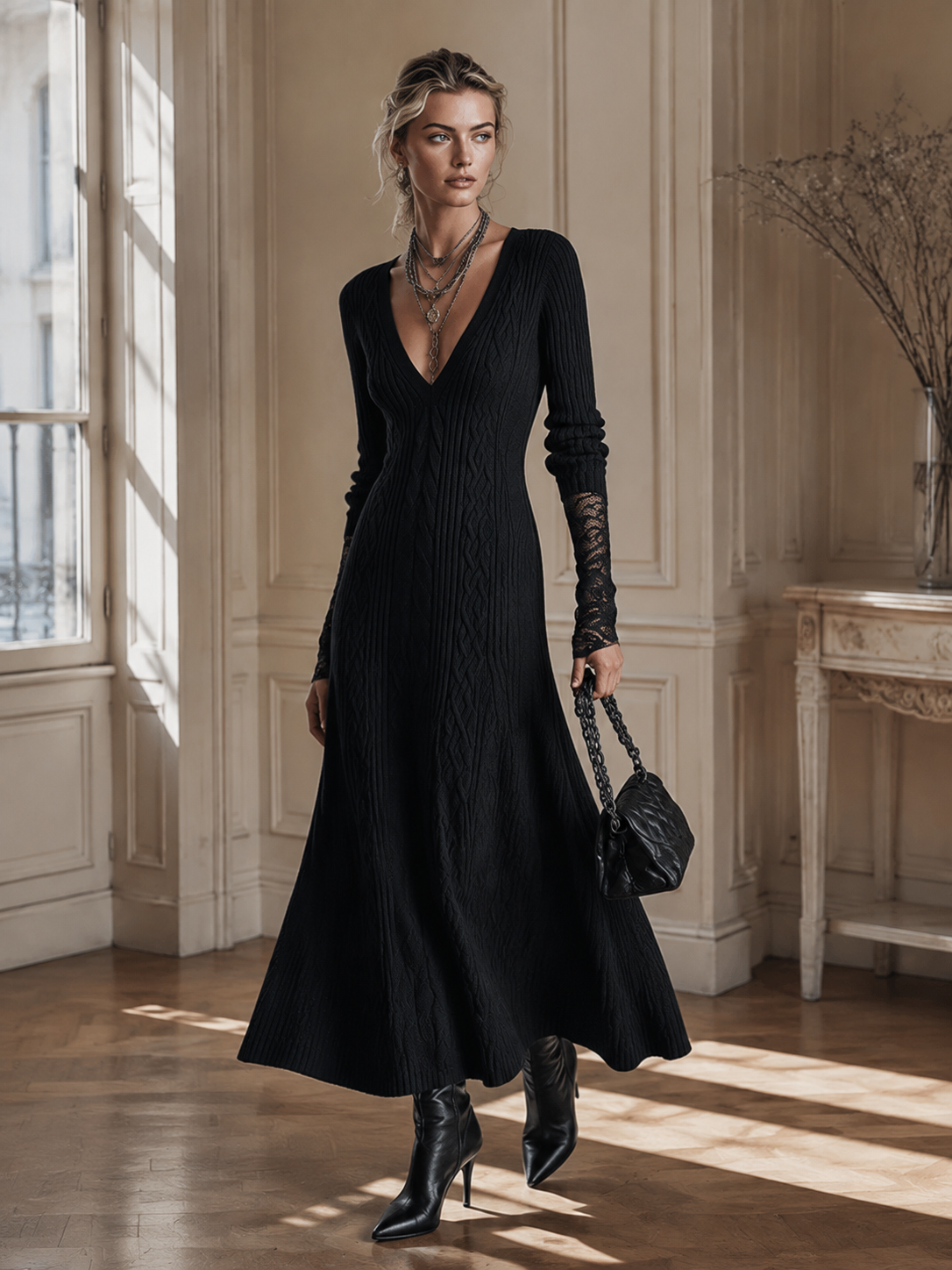 Elegant And Warm Black Cable-knit Lace Cuffs Maxi Dress