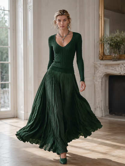 Vintage-luxe V-neck Emerald Green Cable-knit And Satin Patchwork Maxi Dress