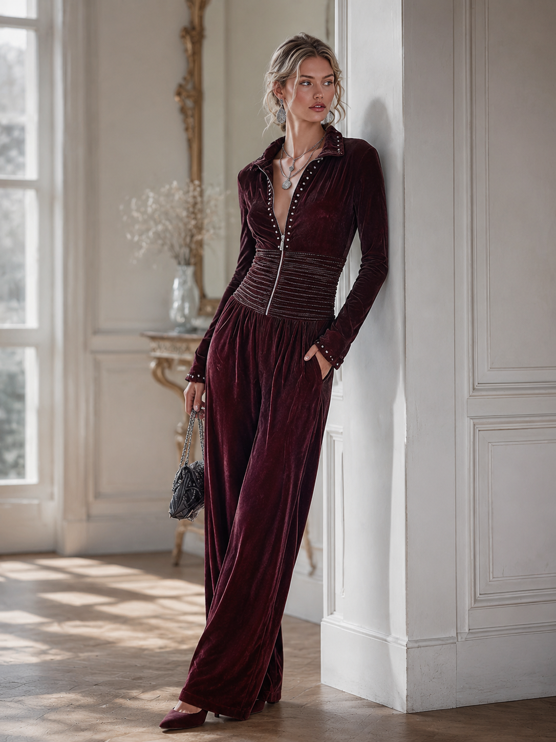 Retro Waist-pleated Burgundy Velvet Long-sleeve Wide-leg Jumpsuit