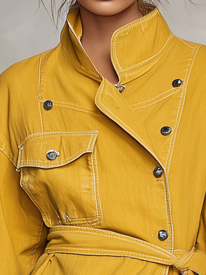 Mustard Yellow Denim Jacket Belted Double Breasted Stand Collar Flare Sleeve