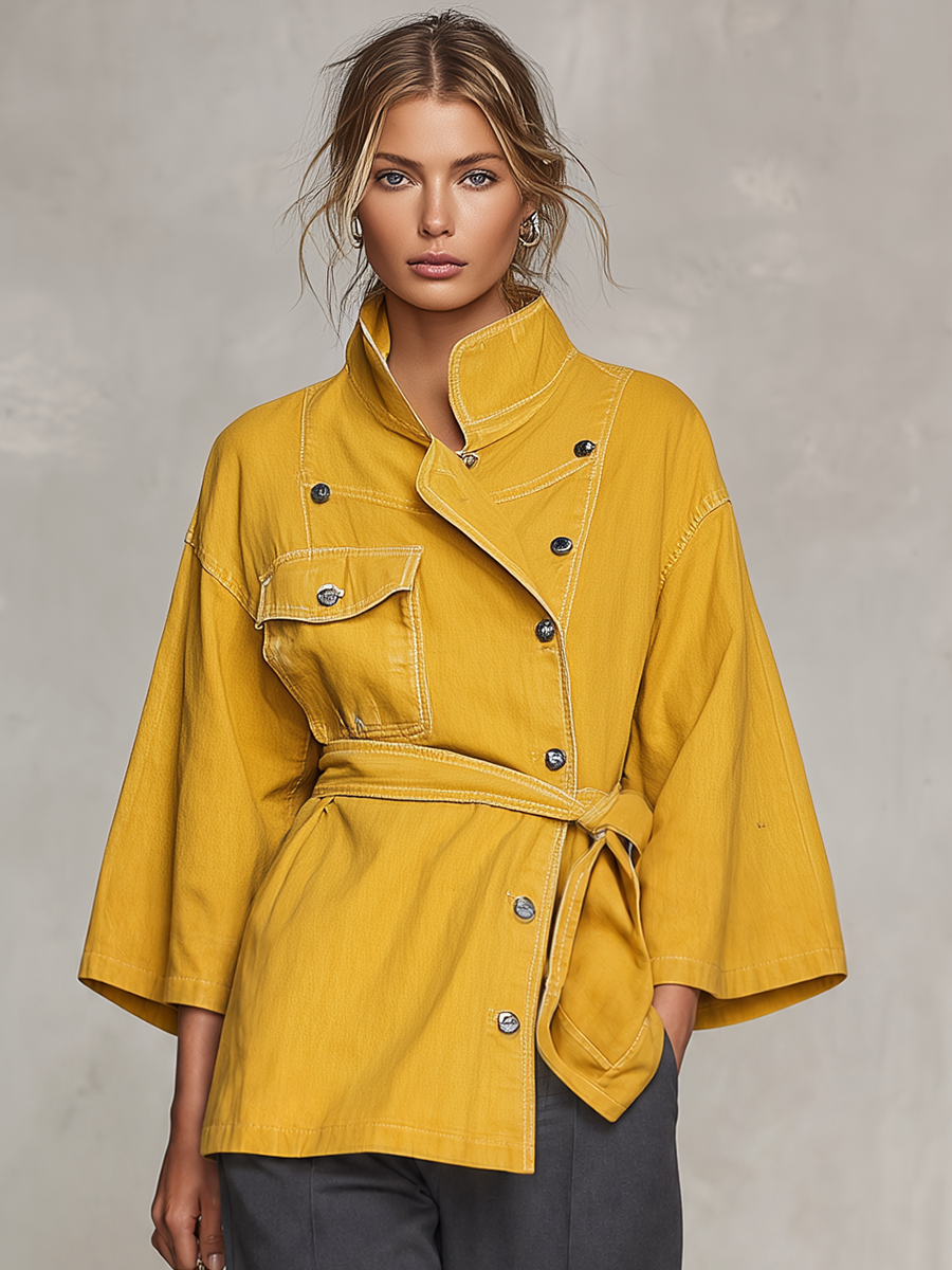 Mustard Yellow Denim Jacket Belted Double Breasted Stand Collar Flare Sleeve