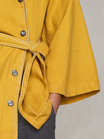 Mustard Yellow Denim Jacket Belted Double Breasted Stand Collar Flare Sleeve