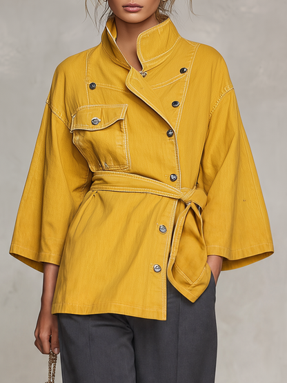 Mustard Yellow Denim Jacket Belted Double Breasted Stand Collar Flare Sleeve