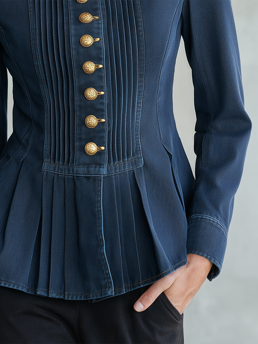 Vintage Stand-collar Metal-button Ruched Cropped Denim Jacket