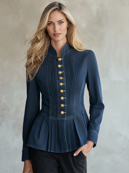 Vintage Stand-collar Metal-button Ruched Cropped Denim Jacket