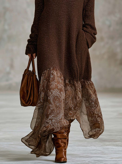 Lazy Brown Sweater Deep-V Paisley Chiffon Handkerchief-Hem Long-Sleeve Boho Maxi Dress