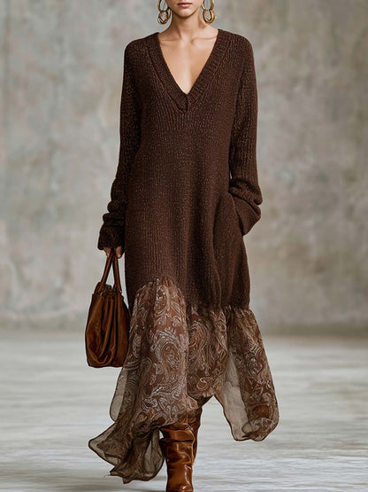 Lazy Brown Sweater Deep-V Paisley Chiffon Handkerchief-Hem Long-Sleeve Boho Maxi Dress