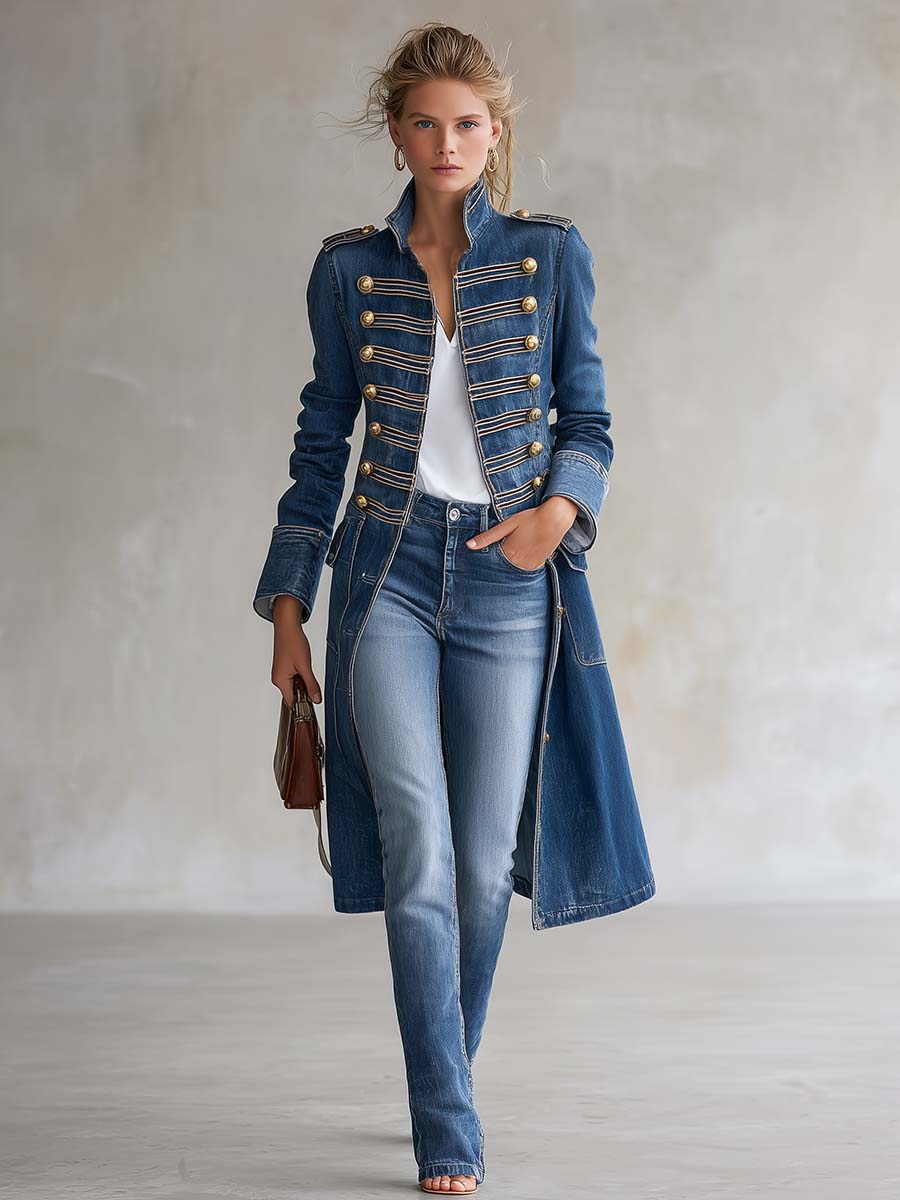 Vintage Washed Denim Military Officer Longline Gold-Button Fitted Statement Coat Women