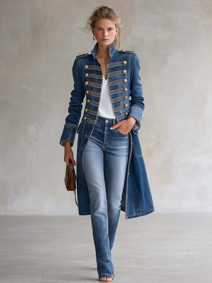 Vintage Washed Denim Military Officer Longline Gold-Button Fitted Statement Coat Women