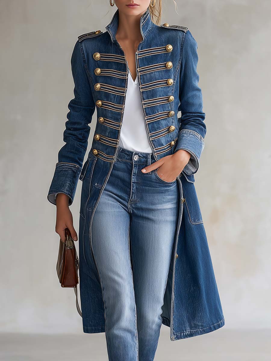 Vintage Washed Denim Military Officer Longline Gold-Button Fitted Statement Coat Women