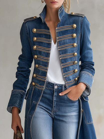 Vintage Washed Denim Military Officer Longline Gold-Button Fitted Statement Coat Women