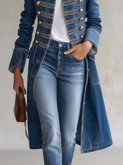 Vintage Washed Denim Military Officer Longline Gold-Button Fitted Statement Coat Women