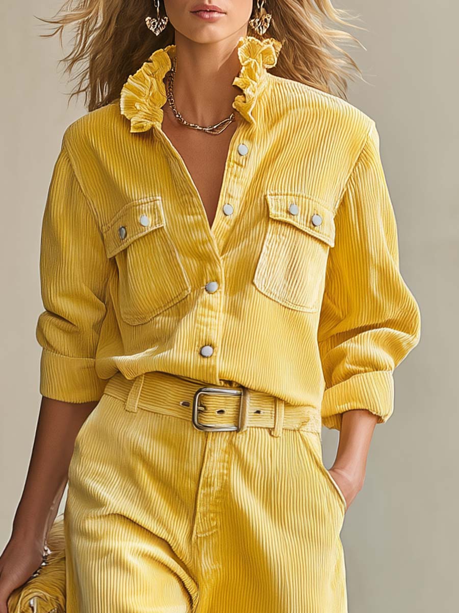 Retro Yellow Corduroy Ruffle-Collar Shirt Belted Wide-Leg Pants Two-Piece Set