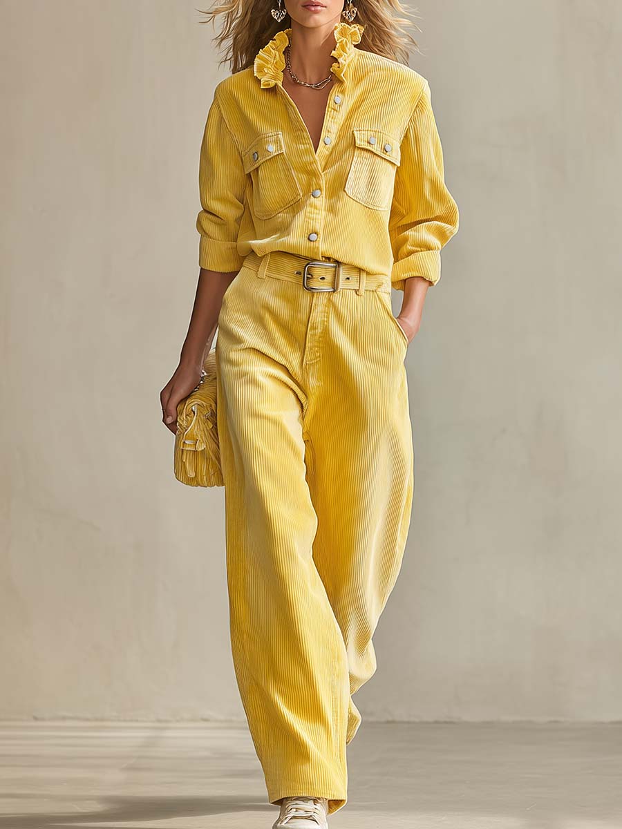 Retro Yellow Corduroy Ruffle-Collar Shirt Belted Wide-Leg Pants Two-Piece Set