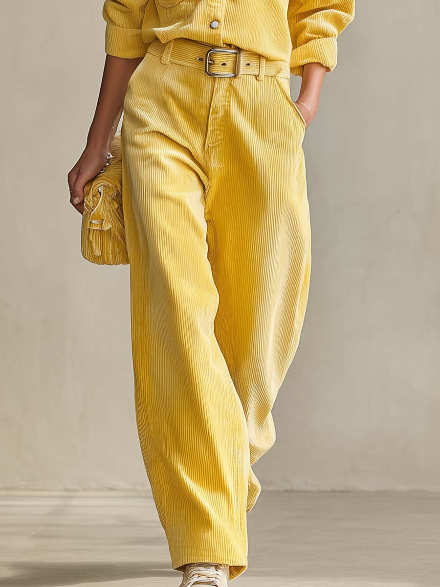 Retro Yellow Corduroy Ruffle-Collar Shirt Belted Wide-Leg Pants Two-Piece Set