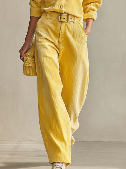 Retro Yellow Corduroy Ruffle-Collar Shirt Belted Wide-Leg Pants Two-Piece Set