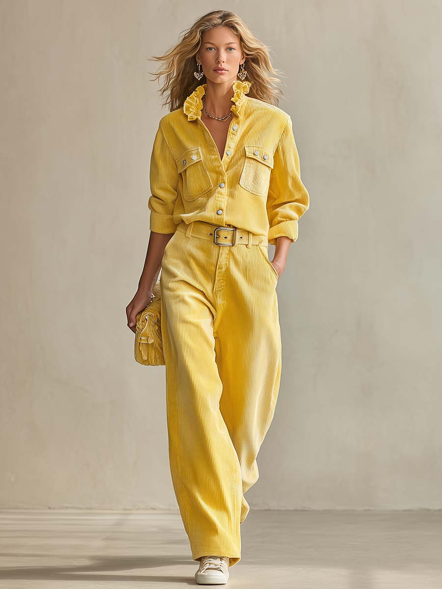 Retro Yellow Corduroy Ruffle-Collar Shirt Belted Wide-Leg Pants Two-Piece Set