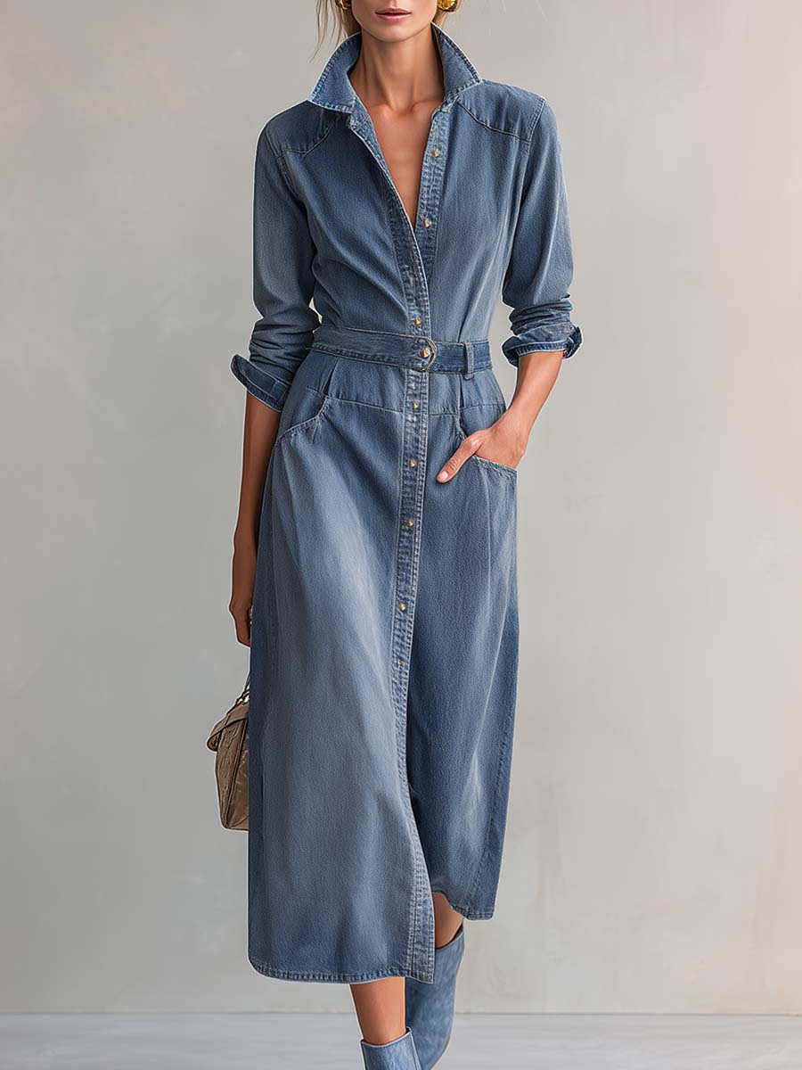 Washed Denim Collared Long-Sleeve Belted Button-Front Fitted Western Shirt Midi Dress