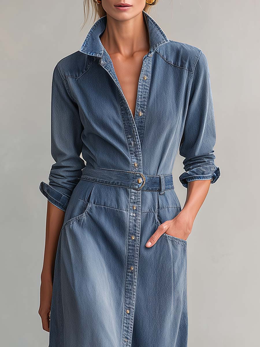 Washed Denim Collared Long-Sleeve Belted Button-Front Fitted Western Shirt Midi Dress