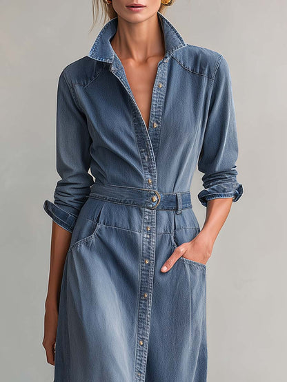 Washed Denim Collared Long-Sleeve Belted Button-Front Fitted Western Shirt Midi Dress