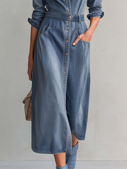 Washed Denim Collared Long-Sleeve Belted Button-Front Fitted Western Shirt Midi Dress