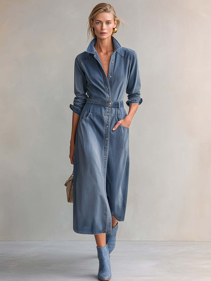 Washed Denim Collared Long-Sleeve Belted Button-Front Fitted Western Shirt Midi Dress