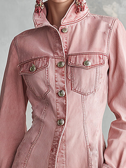 Stylish Retro Pink Denim Single-Breasted Trench-Style Midi Dress