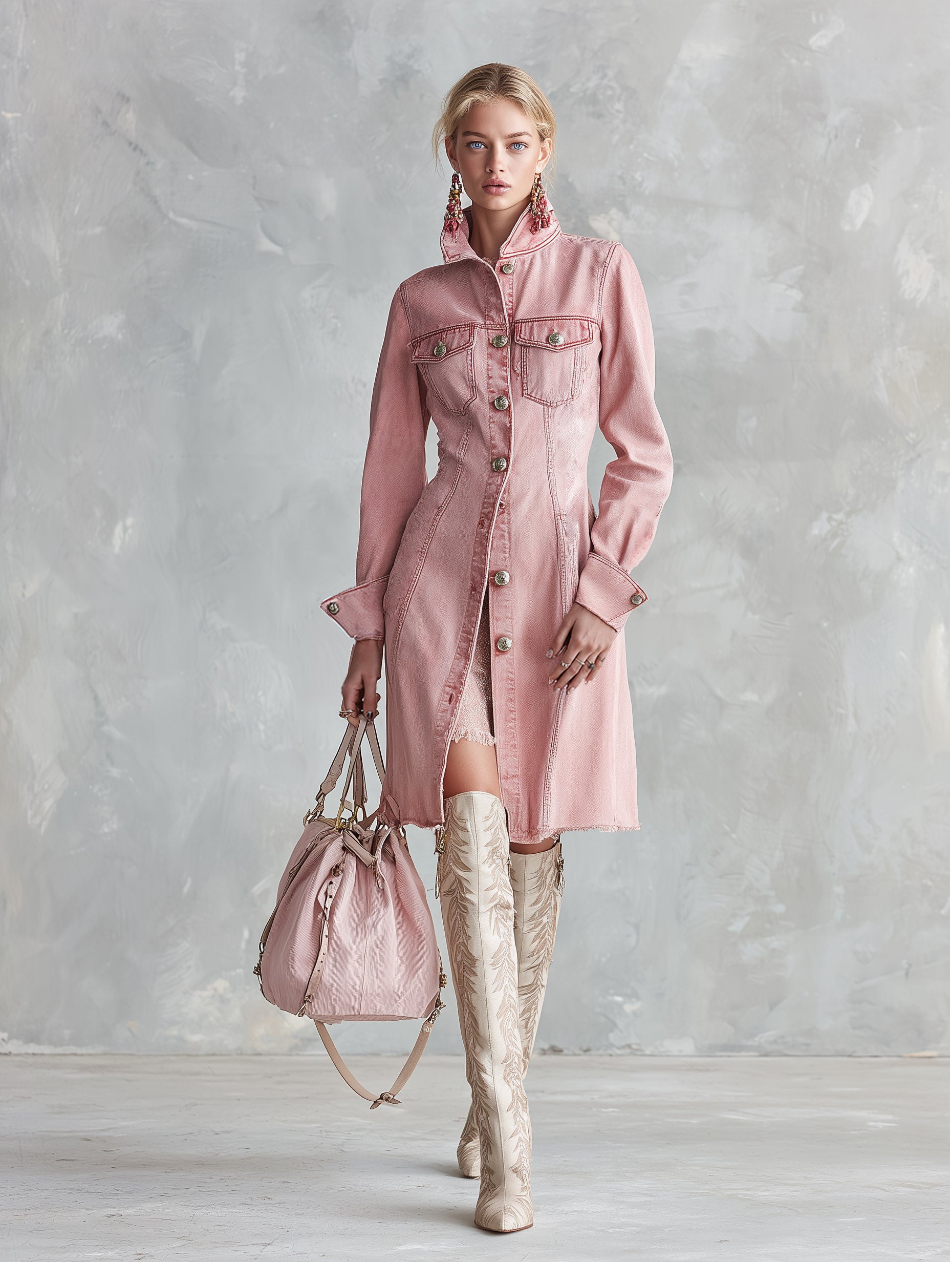Stylish Retro Pink Denim Single-Breasted Trench-Style Midi Dress