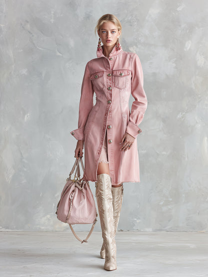 Stylish Retro Pink Denim Single-Breasted Trench-Style Midi Dress