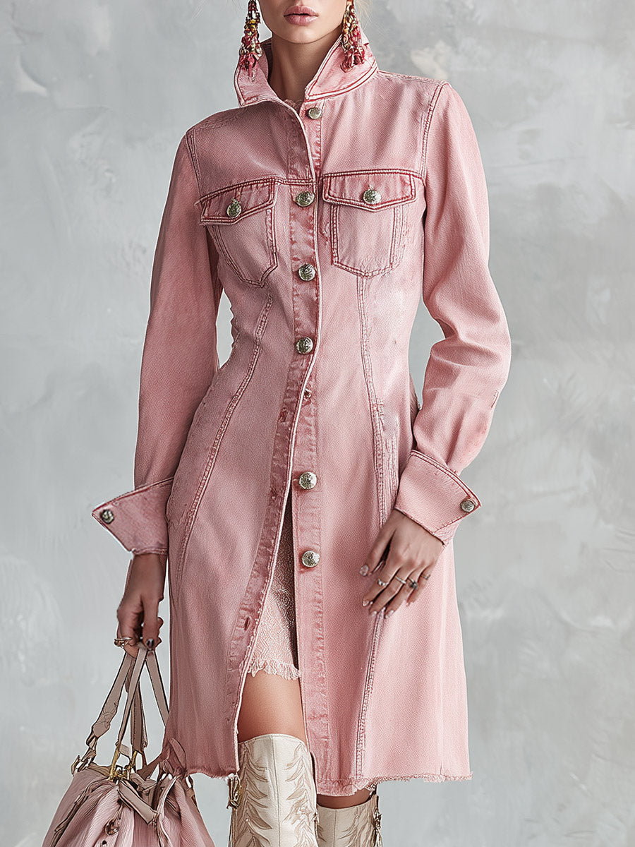 Stylish Retro Pink Denim Single-Breasted Trench-Style Midi Dress
