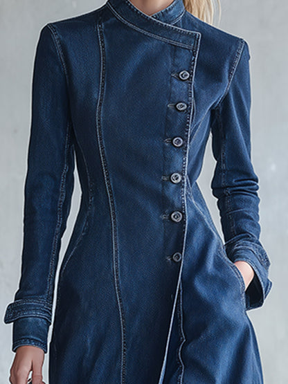 Elegant Minimalist Blue Denim Asymmetric-Placket Dress-Style Trench Coat
