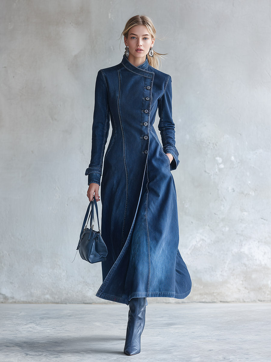 Elegant Minimalist Blue Denim Asymmetric-Placket Dress-Style Trench Coat