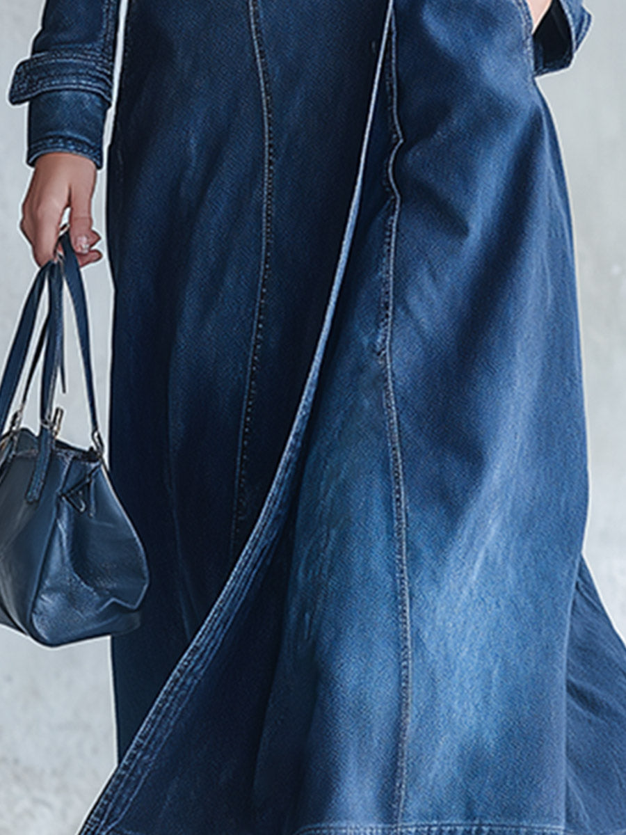 Elegant Minimalist Blue Denim Asymmetric-Placket Dress-Style Trench Coat