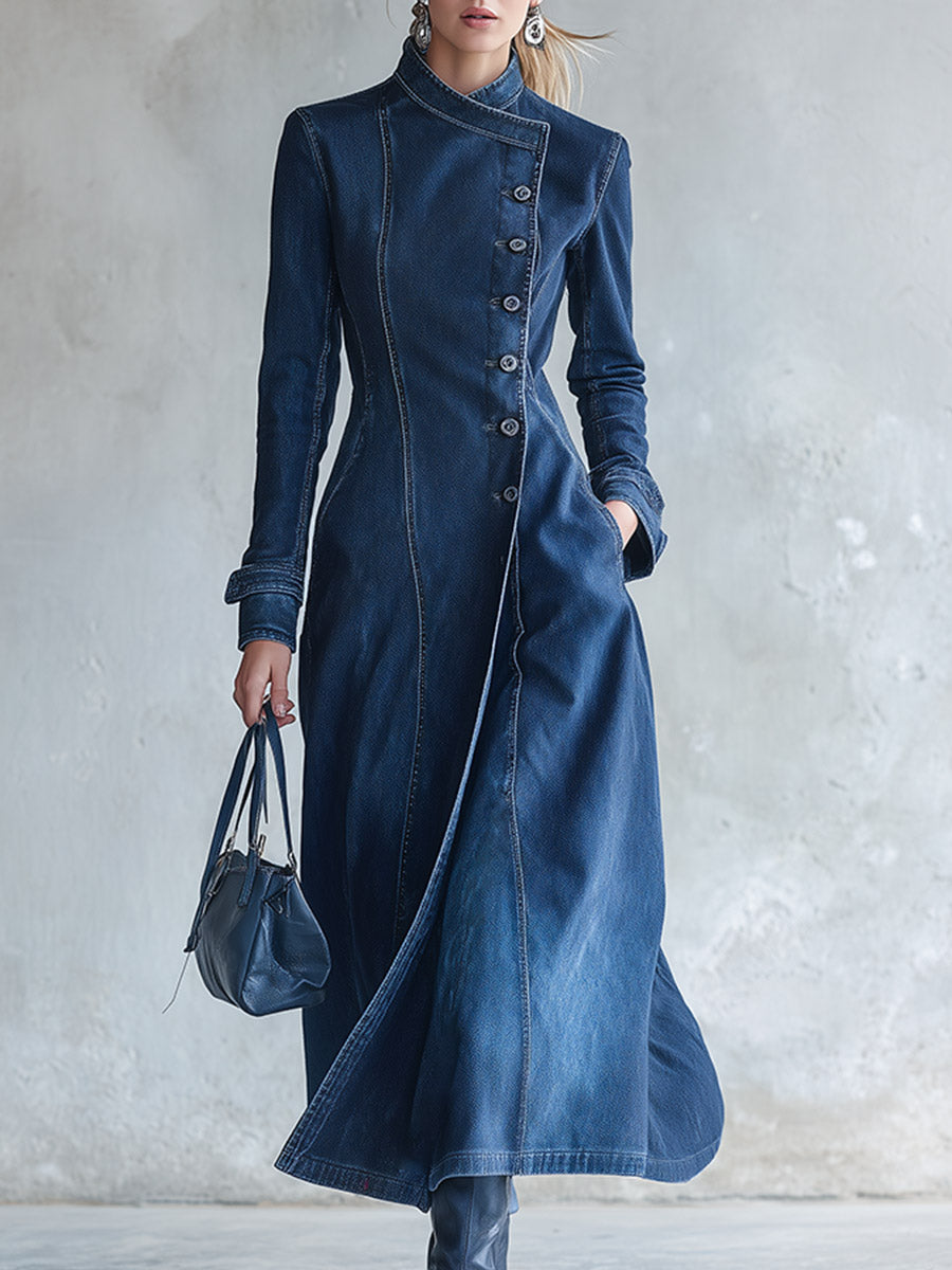 Elegant Minimalist Blue Denim Asymmetric-Placket Dress-Style Trench Coat