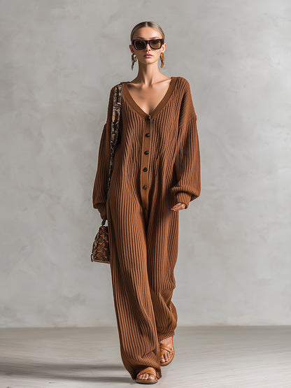Cozy Relaxed-fit Brown V-neck Ribbed Knit Jumpsuit