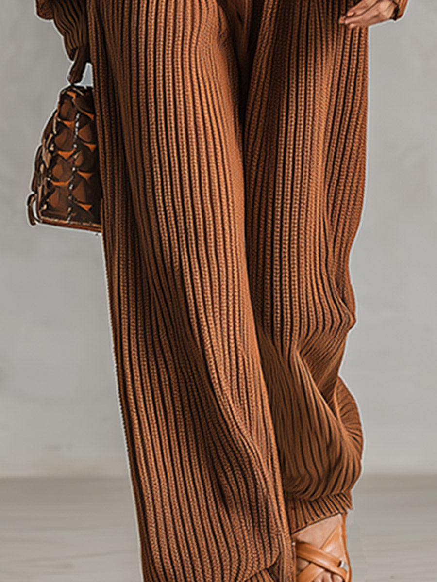 Cozy Relaxed-fit Brown V-neck Ribbed Knit Jumpsuit
